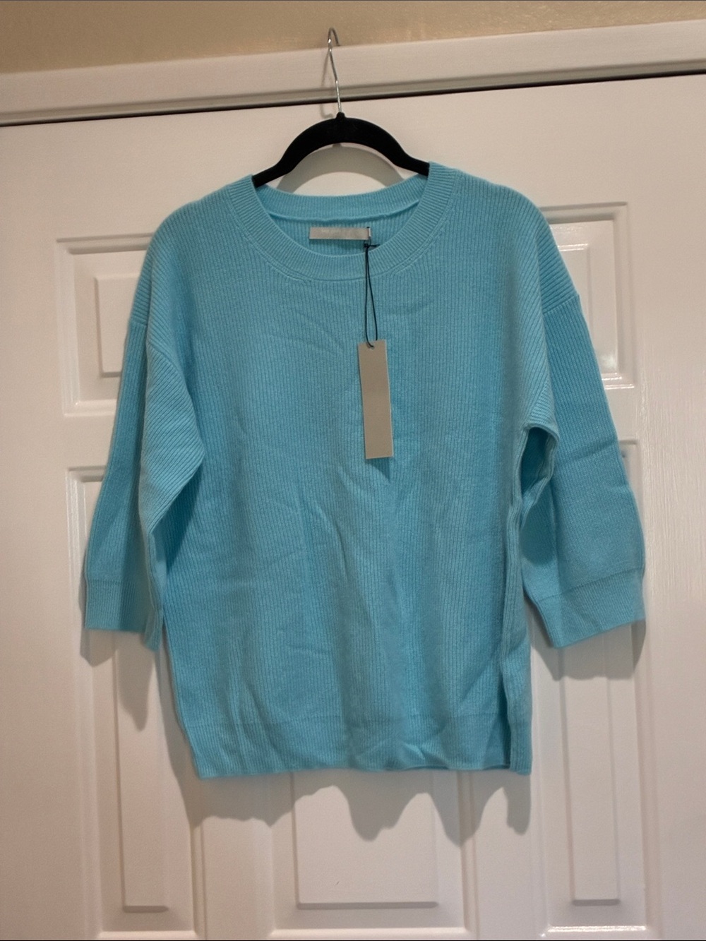One Grey Day cashmere Light Blue 3/4 sleeve Ribbed Crewneck Sweater